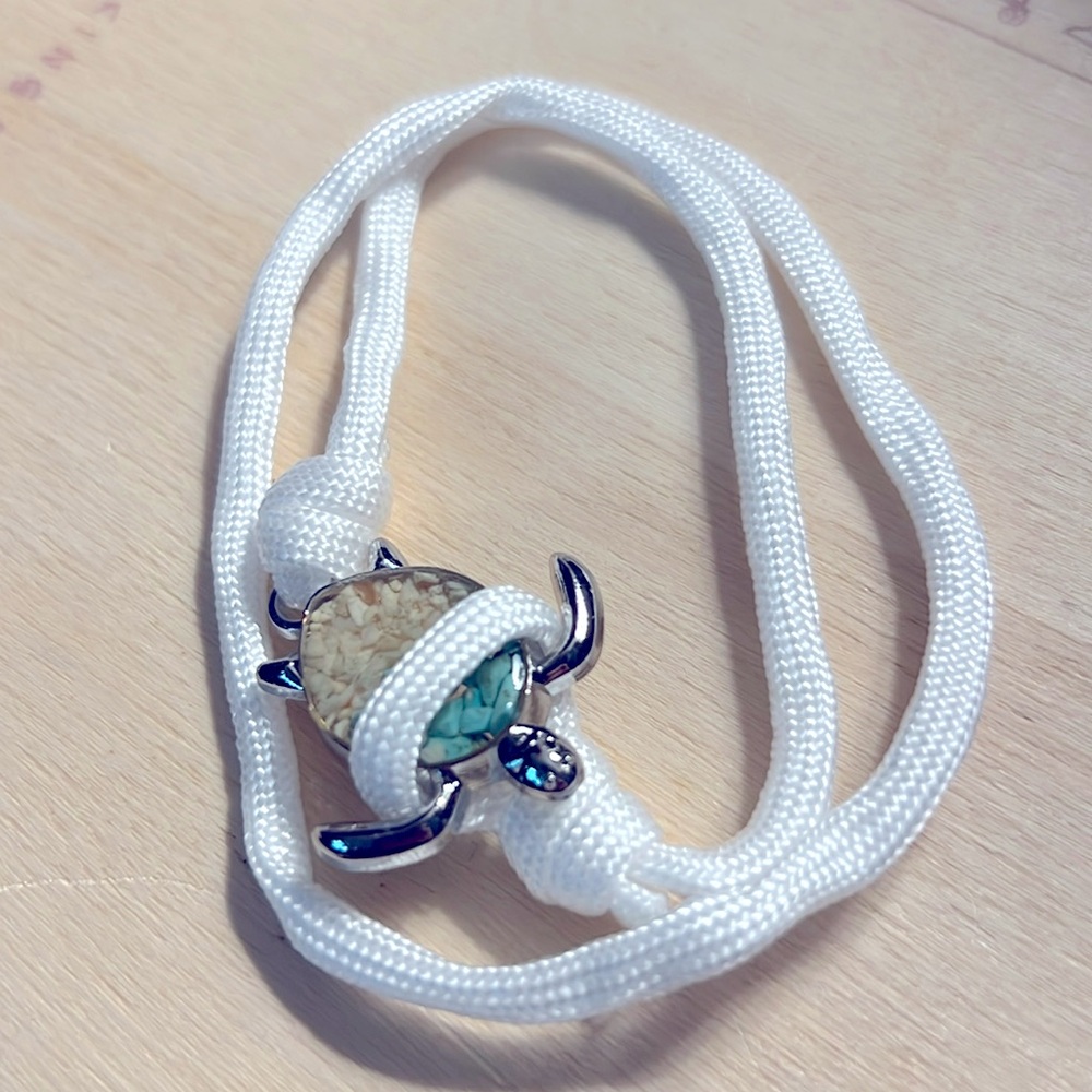 NWT 🏝️ SILVER SEA TURTLE BLUE PEBBLE SAND WHITE STRETCH ROPE BRACELET/ANKLET OS